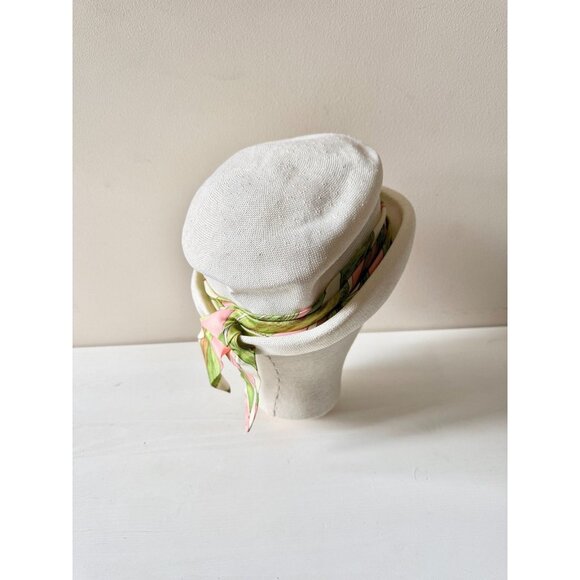 Vintage White Basketweave Green Pink Satin Twill Tie Bucket Hat - Picture 1 of 16